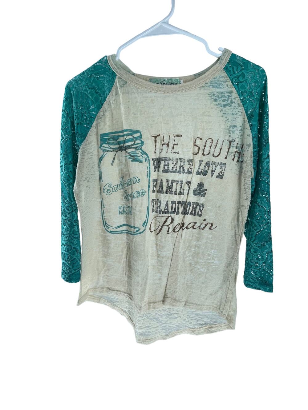Southern Grace Family Traditions Lace Burnout Long Sleeve Top Women's Size Small